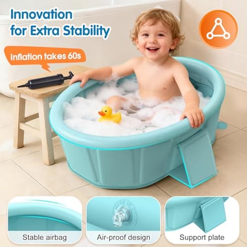 Baby Bathtub with Inflatable Top Edge, Extra Stable Infant Bath Tub, Collapsible & Portable for Baby Bath Time, No Tilt Design for 12M-6Y Toddler, No Assembly for Travel Shower - Thumbnail 3