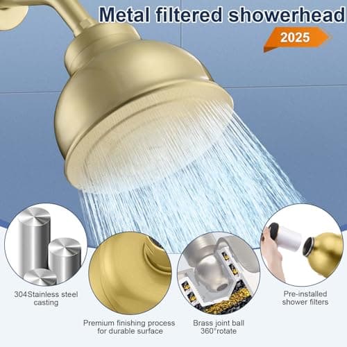 SonTiy Filtered Shower Head, All Metal Shower Filter Head For Hard Water Removes Chlorine, Improve Hair,Nails & Skin, Adjustable High Pressure Water Softener Showerhead, 6 Inch, Gold - Thumbnail 2