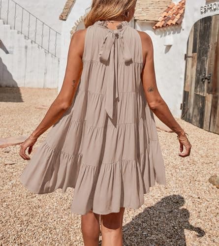 Okiwam Womens Summer Halter Dresses Sleeveless A Line Tiered Swing Mini 2025 Fall Casual Boho Beach Vacation Sundress-S Khaki - Thumbnail 3