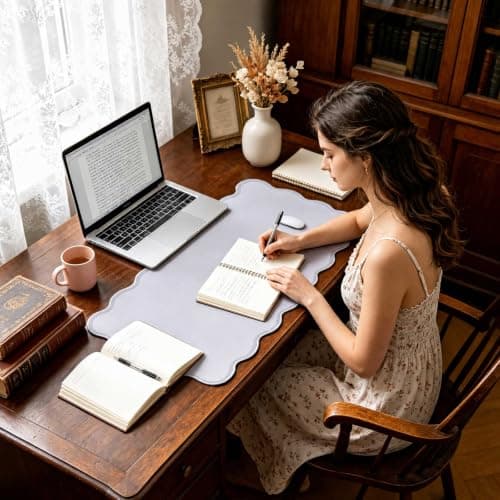 yuboo Grey Scalloped Desk Mat, 31" x 15.7" Large Waterproof Pastel Desk Mat Cottagecore Aesthetic Desk Pad Desktop Keyboard Mouse Mat for Dorm Office Gaming Decor - Thumbnail 4