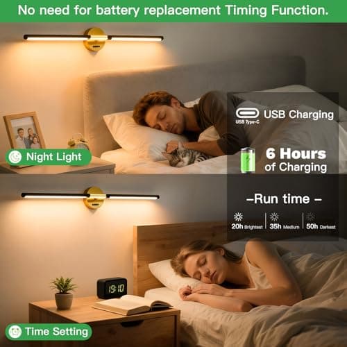 Omnikerlight Battery Operated Wall Sconces with Remote, Dimmable Wall Sconces Set of 2, 3000K/4500K/6000K, 360° Rotate, Rechargeable Wall Lights for Living Room Bedroom Hallway - Thumbnail 4