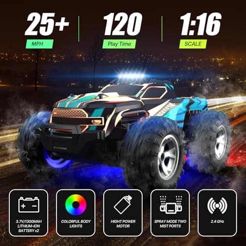 Remote Control Car for boys, 1:16 Scale All Terrain RC Cars,High Speed 25Km/h Fast Car with Colorful Led Light and spray, 2x1300mAh Rechargeable Battery RC Truck, Toy Car Gift for Teen Boys Girl Kids - Thumbnail 2