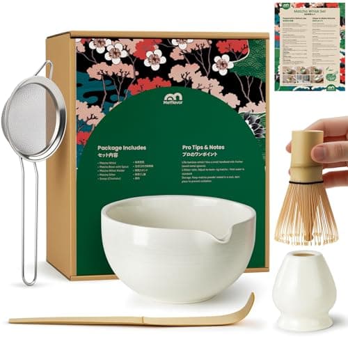 Matcha Whisk Set, Ceramic Bowl Matcha Kit & Handcrafted Bamboo Chasen, Complete 5 Pcs Matcha Set Whisk and Bowl, Stainless Steel Sifter, Bamboo Scoop & Holder for Matcha Lovers