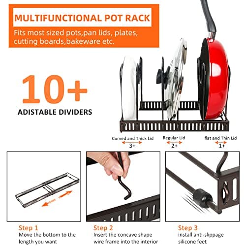 Pot Rack Organizer -Expandable Pot and Pan Organizer for Cabinet,Pot Lid Organizer Holder with 10 Adjustable Compartment for Kitchen Cabinet Cookware Baking Frying Rack,Bronze - Thumbnail 5