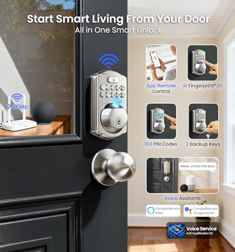 Veise VE012W-K Built-in WiFi Fingerprint Smart Lock with 2 Knobs, No Hub Needed, Remote APP Control, Keyless Entry Door Lock, Smart Deadbolt for Front Door, Auto Locking, Satin Nickel - Thumbnail 3