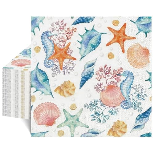 NatNarr 50 Pcs Seashell Napkins 2-Ply Vintage Coastal Beach Paper Napkins Blue Seahorse Starfish Conch Ocean Nautical Beverage Party Napkin for Summer Pool Coastal Wedding Decoupage - Image 1