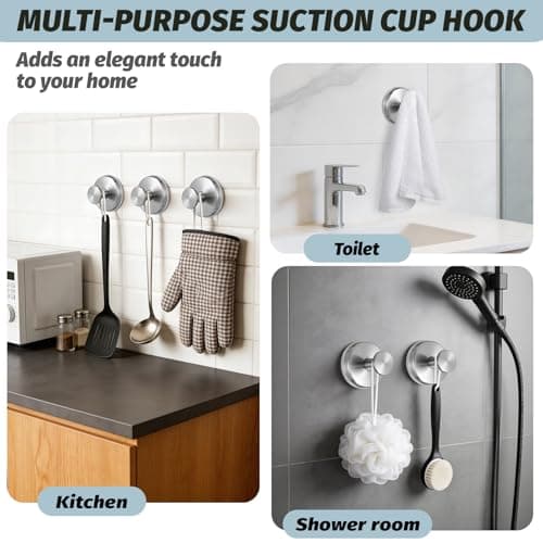 warlve Large 15lb Suction Cup Hooks for Shower, No-Drill Bathroom Towel Hooks for Robes, Loofah, Removable Mountable on Glass, Tile, Mirrors, Smooth Non-Porous Surfaces (2, Brushed Nickel) - Thumbnail 5