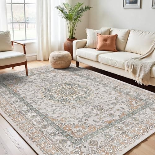 Lunasun Neutral Farmhouse 6x9 Dining Room Rugs for Under Table - Soft Traditional Indoor Decor, Low Pile Washable Stain Resistant & Non Slip Area Rug for Living Room, Bedroom, Nursery - Thumbnail 2