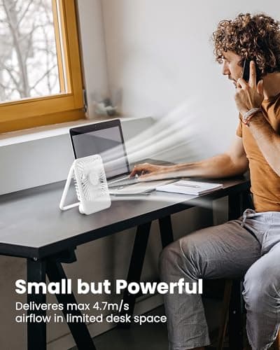 Koonie Desk Fan, Ultra Quiet 2.5-11h Battery Operated Small USB Fan with Strong Wind, 180° Tilt Folding and 3 Speeds Adjustable, Battery Powered Mini Personal Fan for Office Bedroom Desktop White - Thumbnail 2