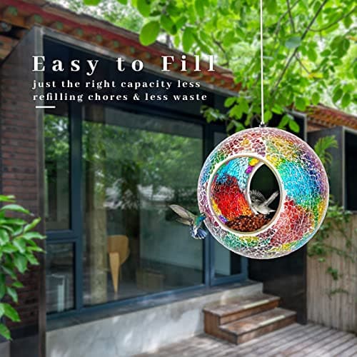 VCUTEKA Bird Feeder Mosaic Fly Through Bird Feeders for Outside Hanging with Round Shape Glass Container to Attract More Wild Birds for Garden, Yard, Backyard, Deck and Porch Decor, Purple 7-Inch - Thumbnail 3
