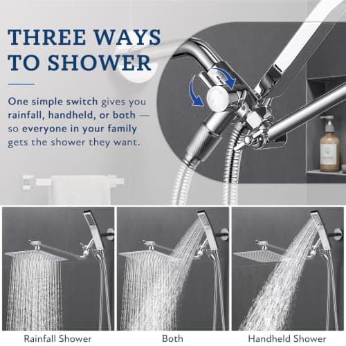 G-Promise All Metal 8 Inch Dual Square Shower Head with Handheld Spray Combo, Rain Shower Head, Adjustable Extension Arm, Smooth 3-Way Diverter, 71 Inch Extra Long Hose - A Bathroom Upgrade (Chrome) - Thumbnail 4
