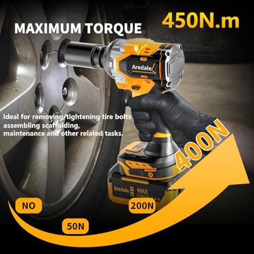 Aredale Cordless Impact Wrench, Brushless Motor 450N.m (380Ft-lbs), 1/2 Inch cordless Impact Gun with 2 x 4.0Ah Battery, 6 Sockets Electric Impact Wrench for Car/DIY Furniture/Home - Thumbnail 3