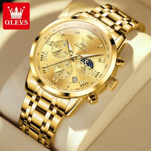 OLEVS Luxury Gold Watches for Men Stainless Steel Watches Chronograph Men Quartz Watch Classic Roman Dial Waterproof - Thumbnail 2
