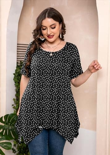 AusLook Plus Size Tops for Women Tunic Clothes Short Sleeve Polkadots Black Summer 1X Blouse Swing Tee Crewneck Clothing Flowy Shirts for Leggings - Thumbnail 2