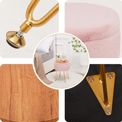 Cplxroc Ottomans Round Faux Fur Ottoman with Storage Footstools Vanity Chair Coffee Table Ottoman for Living Room (Pink) - Thumbnail 5