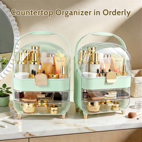 Makeup Organizer with Drawers-Cosmetic Display Case for Vanity|Skincare Organizer with 360 Rotating Brush Holder,Large Storage Box Dresser,Women Gifts Display Cases for Bathroom Countertop,Green - Thumbnail 3
