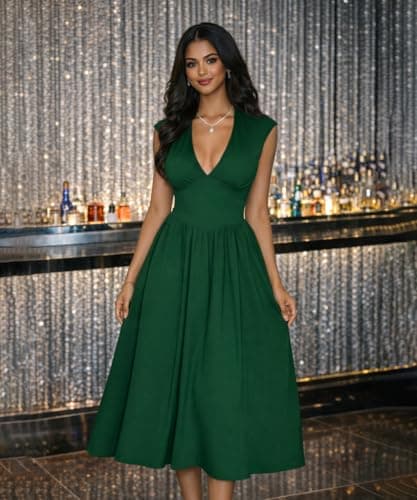 ABKY Womens Midi Dresses Deep V Neck Cap Sleeve Back- Tie A-Line Swing Dress with Pocket Party Foraml Date Night Prom Outfits Green 2XL - Thumbnail 2