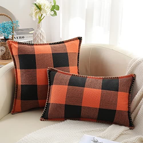 decorUhome Summer Buffalo Plaid Check Throw Pillow Covers 16x16 Set of 2 Outdoor Linen Decorative Farmhouse Gingham Pillow Covers with Stitched Edge for Bed Couch Sofa, Orange and Black - Thumbnail 5