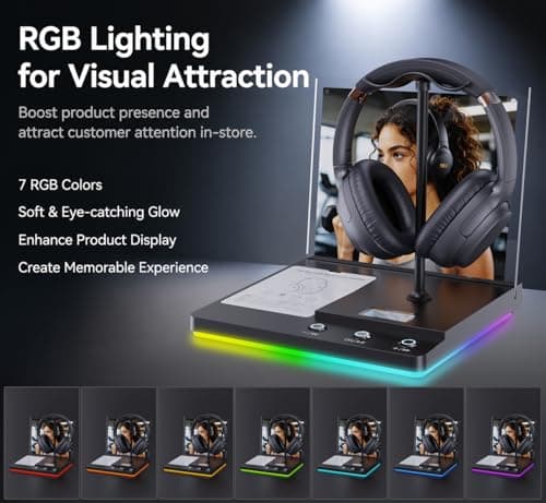 1Mii Bluetooth Headphone Stand for Audio/Music Demo, RGB Lighting, TF/USB/AUX Inputs, Dual Headset Display with USB-C Charging Port, Acrylic Sign Holder for Store, Retail, Trade Show & Exhibition - Thumbnail 5