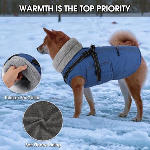 PETDSH Dog Coat Small, Built-in Harness Dog Jacket with Warm Fleece Lining, Waterproof Reflective Dogs Winter Coat, Pet Coats with Pocket and Trash Bags (Navy Blue, Small) - Thumbnail 2