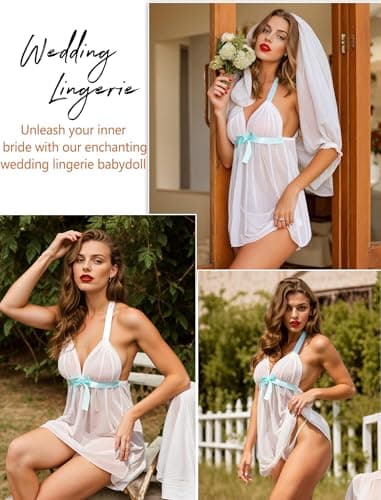 Avidlove Women V-Neck Lingerie Mesh Halter Babydoll Stain Chemises, White, Small - Thumbnail 5