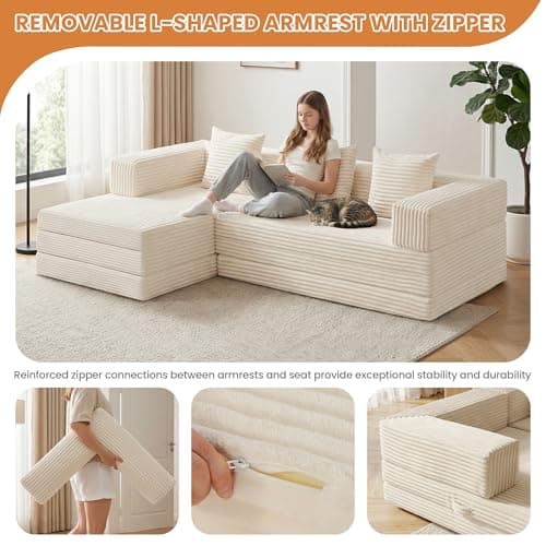 Modular Sectional Sofa, Boneless Convertible Oversized Sleeper Sofa Bed, Modern Tri-Folding Cloud Couch with L-Shape Chaise, Corduroy Futon Couches for Living Room Small Spaces Apartment,No Assembly - Thumbnail 6