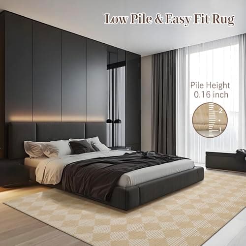 Washable Rug 8x10 – Soft Textured Area Rug with Non-Slip Backing, Modern Luxury Checkered Design, Machine Washable Carpet Perfect for Living Room, Bedroom, and Dining Room, Beige - Thumbnail 4