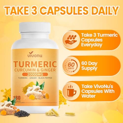 20000mg Turmeric Curcumin Supplement with Black Pepper, 180 Capsules, 95% Curcuminoids, Turmeric and Ginger Supplement, High Absorption Ultra Potent, Joint Support Supplemen, Non GMO Tumeric Capsules - Thumbnail 6
