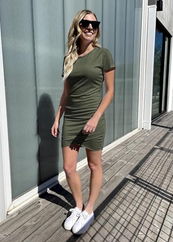 BTFBM Women’s Summer Dresses 2026 Casual Bodycon Mini Dress Short Sleeve Crew Neck Ruched Spring Beach Vacation Outfits(Solid Army Green, Large) - Thumbnail 6