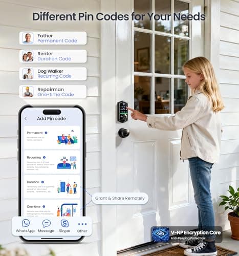 Veise VE017-K Fingerprint Smart Lock with 2 Knobs, App Control, Keyless Entry Front Door Lock Set, Electronic Touchscreen Keypad Deadbolt, Emergency Power Port, Easy Install, Auto-Lock, Matte Black - Thumbnail 4