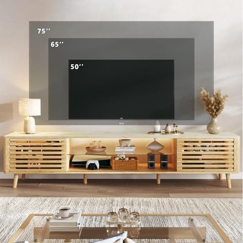 HUAHUU 70" TV Stand for 55/65/75 Inch TV, Faux Marble Top Entertainment Center with Slatied Sliding Door & LED Lights, Mid Century Modern Style, Low TV Console with Glass Shelves for Bedroom - Thumbnail 4