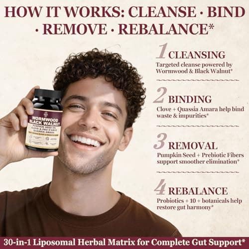 120CT 30-in-1 Liposomal Wormwood Black Walnut Clove Cleanse for Humans Capsules – Gut Cleanse & Digestive Support with Clove, Pumpkin Seed Oil, Garlic, Quassia Amara | 10X Concentrated | Vegan 1815mg - Thumbnail 5