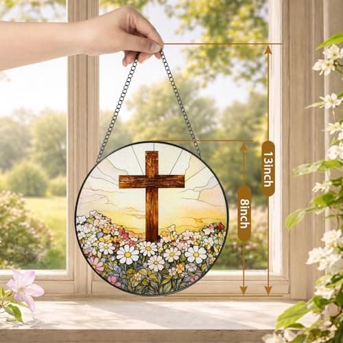 Russel Molly 8 Inch Stained Glass Cross and Wildflowers Suncatcher Christian Stained Glass Windows Hanging Flower Cross Gift for Religious Mother's Day Faith Christian Gifts Religious Home Decor - Thumbnail 5