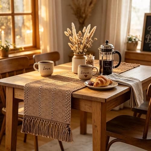 yuboo Boho Short Table Runner 36 Inches Long, Spring Macrame Dresser Scarf with Tassels, Farmhouse Small Table Cover Decor for Coffee Table, Dining Room, Bedroom Cabinet, Brown - Image 1