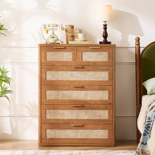 LEYAOYAO Rattan Dresser for Bedroom, 41" Tall Chest of Drawers, Modern 6 Drawers Boho Dressers with Storage, Vintage Brown Dresser Wooden Closet Organizer for Living Room, Hallway - Thumbnail 6