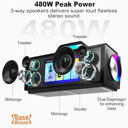 Podvoxlit Smart Karaoke Machine for Adults, with Lyrics Display, 2 Wireless Microphones, 480W Bluetooth Speaker for Party, Portable Karaoke System with Dynamic Lights for Any Occasion - Thumbnail 2