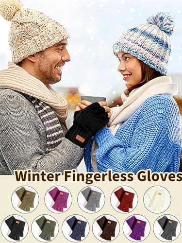 JYUYNY Fingerless Gloves for Women Men, Winter Warm Alpaca Wool Stretch Knit Adult Half Finger Glove for Typing, Driving (Black, White) - Thumbnail 5