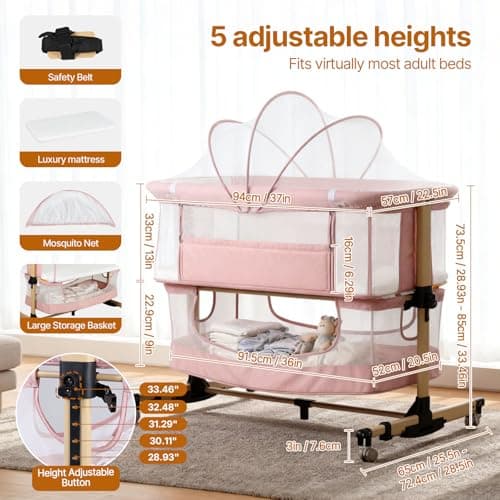 Baby Bassinet Bedside Sleeper, 3-in-1 Bedside Bassinet, 5 Height Adjustable Rocking Baby Crib, Breathable Full Mesh, Mosquito Net, Storage Basket, Stable and Secure Bassinets for Newborn (Pink) - Thumbnail 3