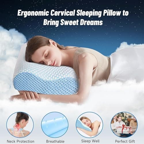 CloudBliss Memory Foam Pillow, Ergonomic Neck Contour Cervical Pillow for Back and Shoulder Pain, Orthopedic Pillow for Neck Pain Relief, for Sleeping Side, Back, Stomach Sleepers - Blue, King - Thumbnail 4