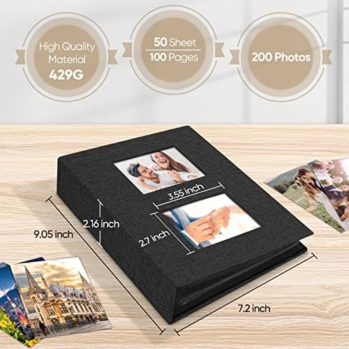 MSTONAL Photo Album 4x6 200 Pockets for Wedding Gifts, Linen Hardcover Memory Book with Front Window for Family Anniversary School Baby Travel Pictures Holds 200 Horizontal Photos, Black - Thumbnail 2