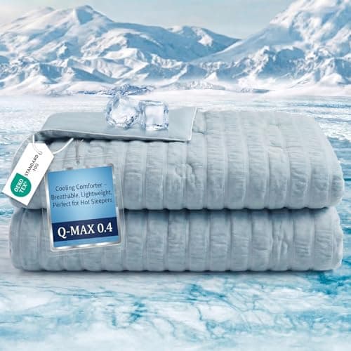 Fuzzysense Cooling Comforter Queen Size – Q-Max 0.4 Seersucker Reversible Cooling Blanket, Lightweight Breathable Summer Quilt for Hot Sleepers & Night Sweats, Ice Blue - Image 1