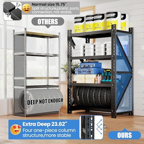 BIZOEIRON Heavy Duty Garage Storage Shelves, 48" Wide Metal Garage Shelving Units, 4-Tier Large Industrial Shelving for Shop Warehouse Basement Factory, 3000LBS Capacity, 48" W x 24" D x 69" H - Thumbnail 4