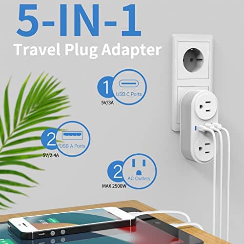 2 Pack European Travel Plug Adapter with USB C, CHUAFIUR International Power Adapter for Italy Spain France Germany, American to European Travel Must Haves - to Most Europe EU (Type C) - Thumbnail 2