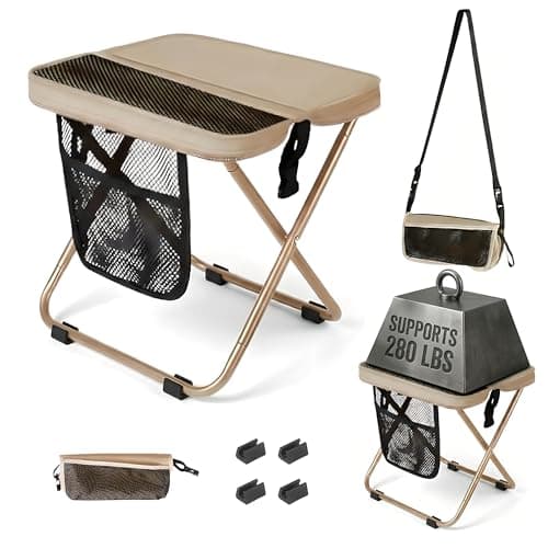 Acaine Foldable Sling Bag Stool with Storage Pocket, Heavy Duty Seat Supports 280 lbs, Non-Slip Feet, Easy Setup Ultralight Chair for Hiking, Fishing, Camping & Festivals (Khaki)