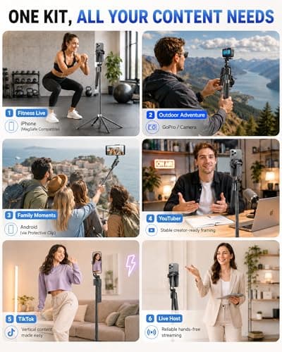 Oldshark 71" Auto Face Tracking Tripod with Light, 1-Sec Quick Setup Magnetic Tripod for iPhone, No App Needed 360° Rotating Phone & Camera Tripod, Content Creator Essentials for TikTok YouTube - Thumbnail 5