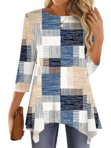 JUSTFASHIONNOW 3/4 Length Sleeve Tunic Tops for Women Loose Fit Dressy Casual Maternity Blouses Shirts with Asymmetrical Hem（patchwork Print，Large - Thumbnail 2
