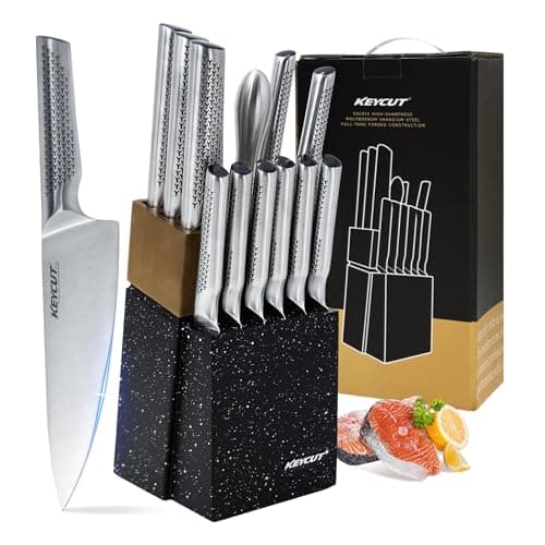 KEYCUT 13 PCS Knife Set with Block, Upgraded 5Cr15Mov High Carbon Stainless Steel Kitchen Knife Sets with Block and Sharpener, Ergonomic Full-Tang Handle, Professional Kitchen Knife Set - Image 1