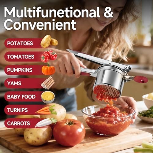 Potato Ricer for Mashed Potatoes-Stainless Steel 15oz Large Capacity,All Clad,Heavy Duty,Ergonomic Handle for Spaetzle,Oranges, Lemons, Pumpkins, Carrots, Avocados(RED) - Thumbnail 5