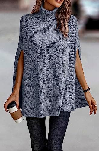 KIRUNDO Women's 2026 Fall Winter Turtleneck Poncho Sweater Fashion Chunky Knit Cape Wrap Sweaters Pullover Jumper Tops(Grey Blue, Medium) - Thumbnail 3