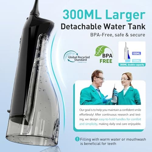COSLUS Water Dental Flosser Teeth Pick C20: ADA Accepted, Portable Cordless Oral Irrigator 300ML Rechargeable Travel Irrigation Cleaner IPX7 Waterproof Electric Flossing Machine for Teeth, Black - Thumbnail 3